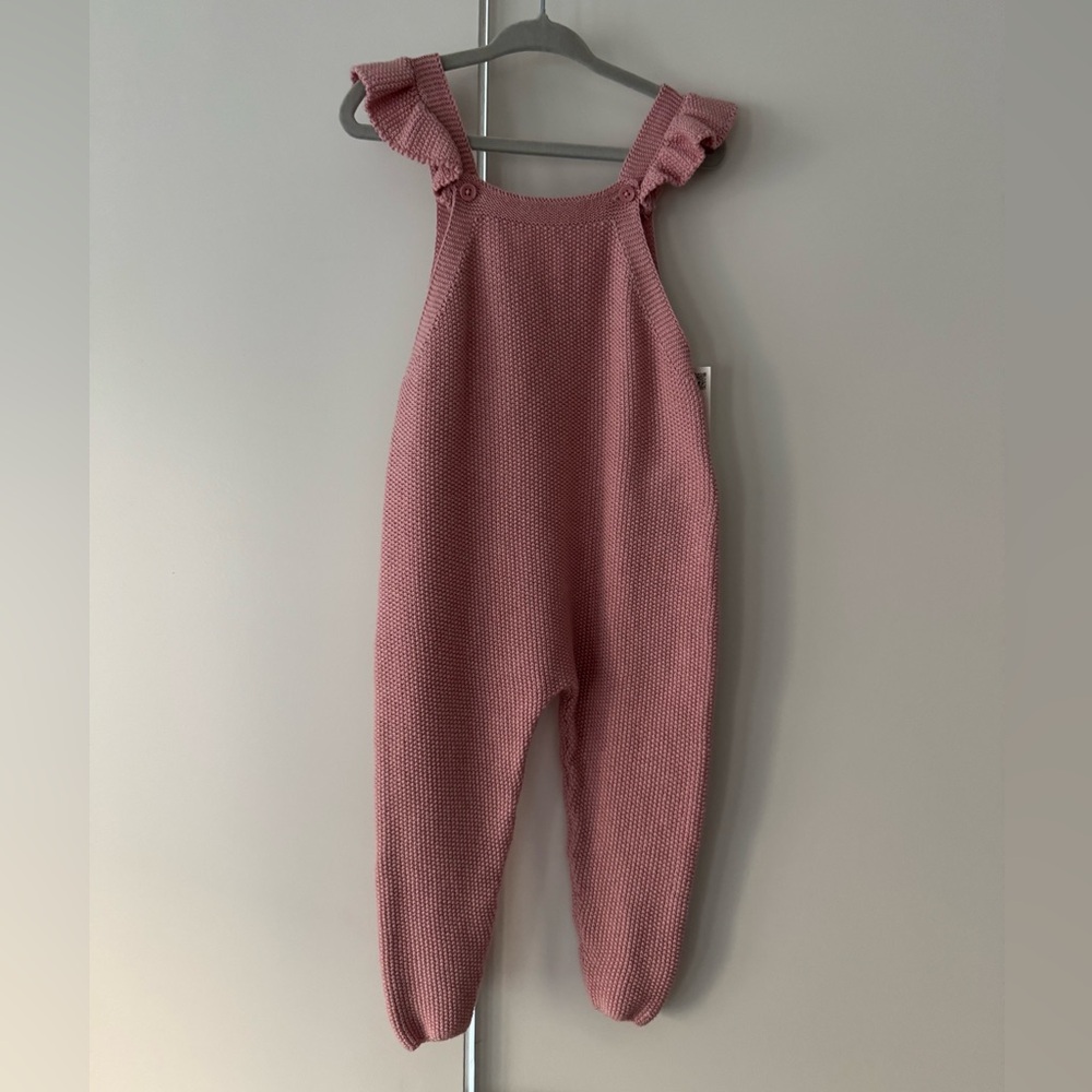 NWT Zara Baby Pink Knit Overalls with Ruffle Straps Size 12-18 months